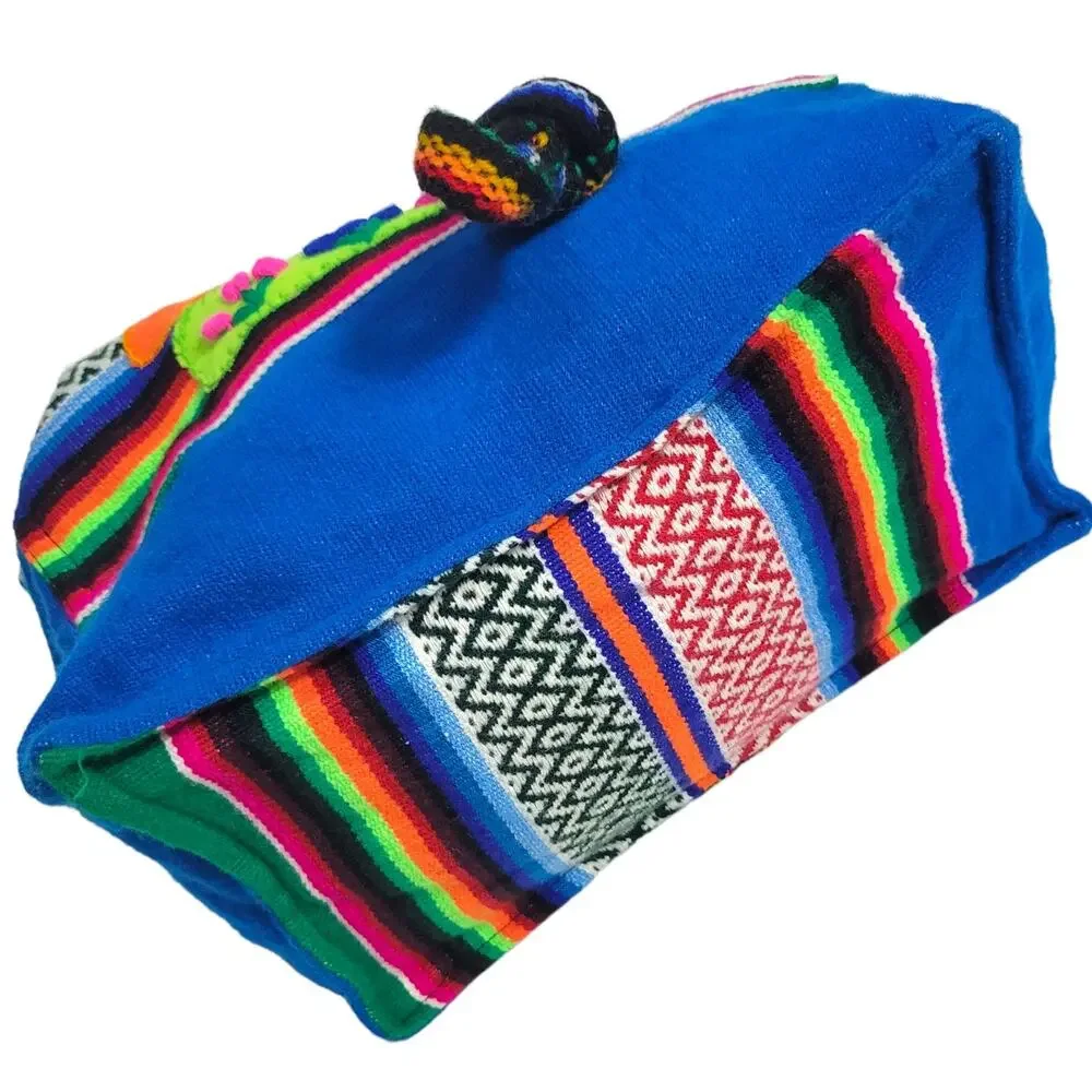 Arpilleras Backpack Blue Woven Blanket Peru Alpaca Folk Art Patchwork Burlap
